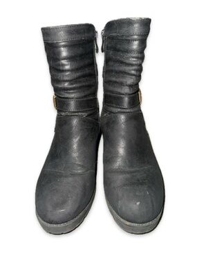 TOP MODA BLACK FAUX LEATHER MOTO CHUNKY BLOCK HEEL BOOTS SIZE 8